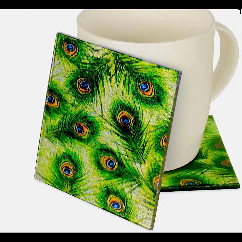 Set 4 Glass Peacock Feather Coaster or Backsplash